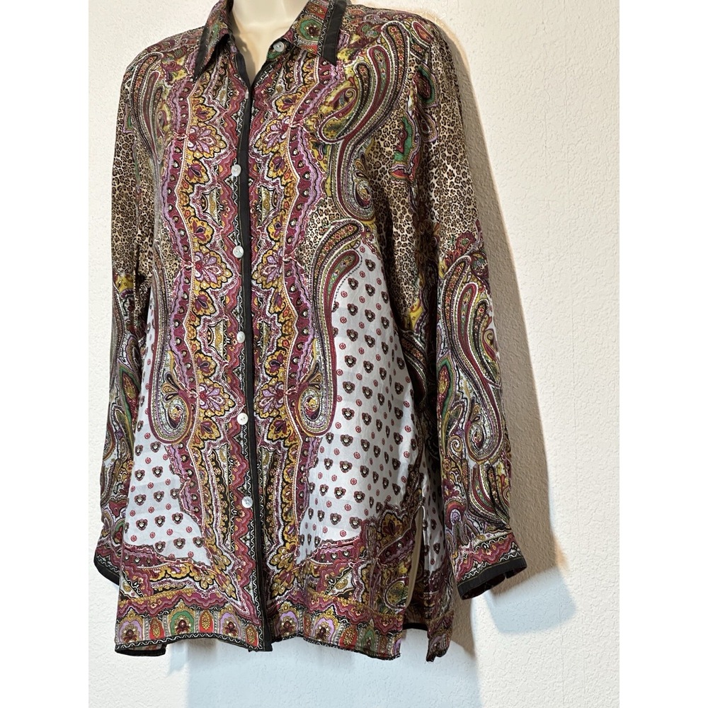 Gianna Silk XL Paisley Shirt Tunic Top Blouse LS Lightweight Boho Artsy Travel - Picture 2 of 9
